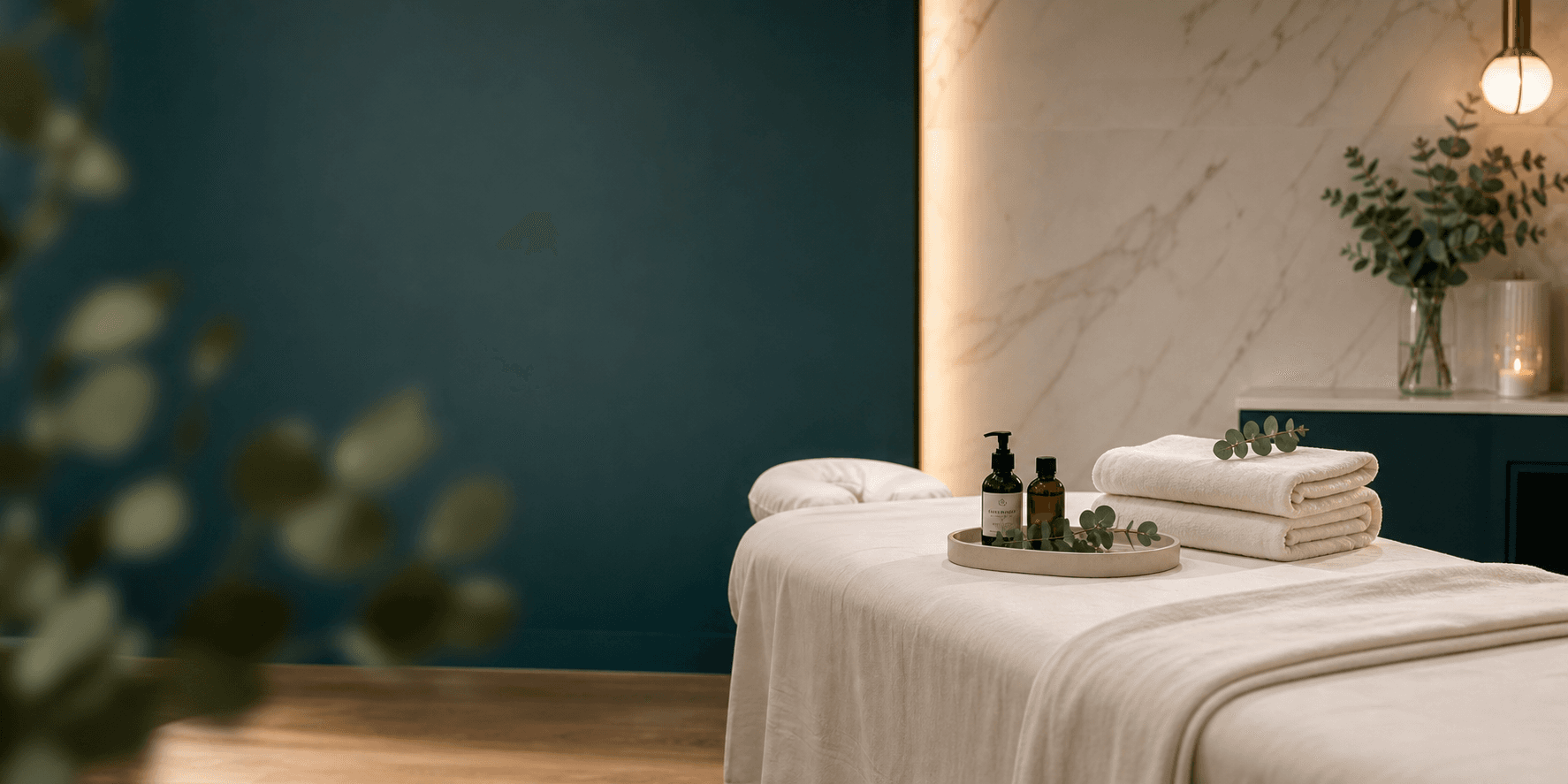 Ambiente profissional de massoterapia com maca preparada